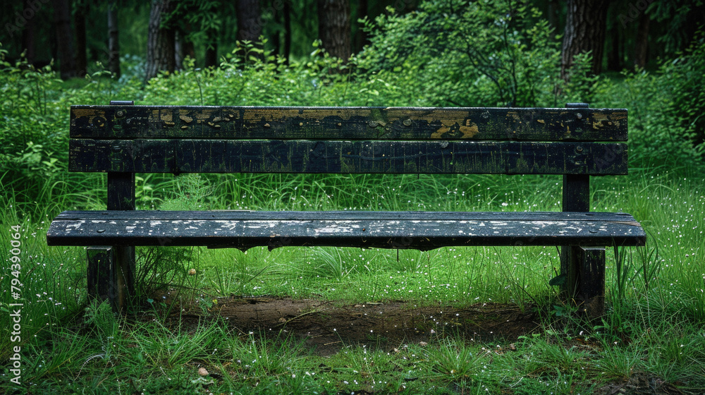 A wooden bench is sitting in a grassy field A wooden bench is sitting in a grassy field