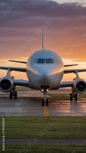 Commercial airplane finds itself stationed on tarmac, basking in soft glow of setting sun that paints serene picture of travel, aviation. Aircrafts sleek body, reflecting orange hues of sunset.