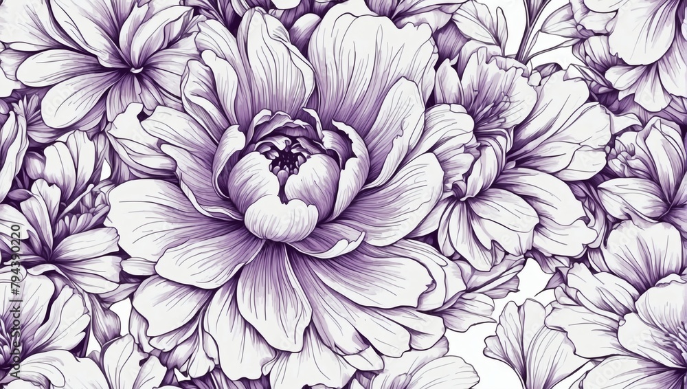 Seamless Pattern of Hand-Drawn Outline Purple Peony Flowers on White Background.