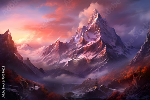 mountain at sunset, illustrated mountain with purple sunset © MrJeans