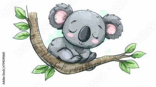  Koala dozing on branch, eyes shut, head atop leafy rest