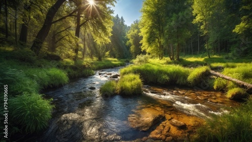 River between meadows and forests, summer