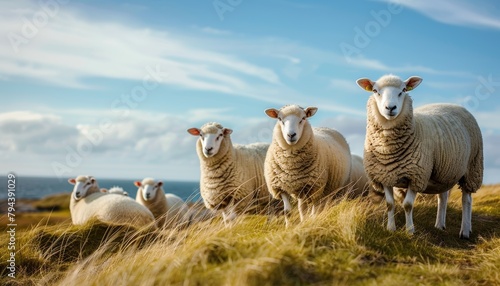 A group of sheep standing on a grassy hill looking at the camera. photo