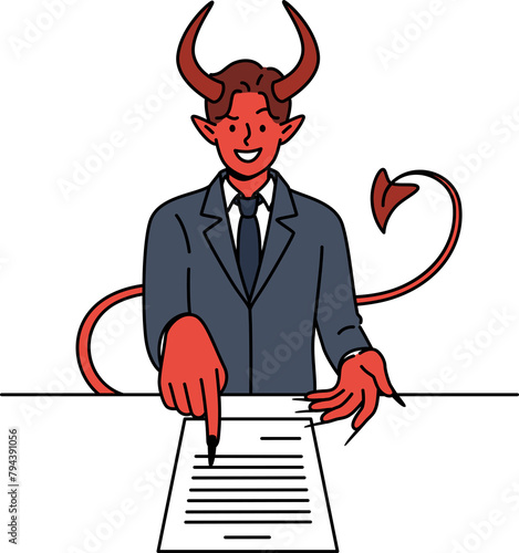 Devil offers to sign business contract lying on table in order to sell soul to satan. Concept of bad commercial proposal and unprofitable contract for performing work that violates law photo