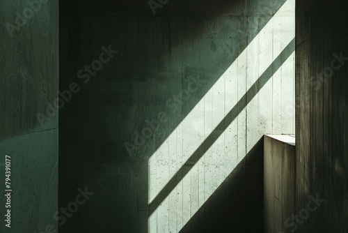 A minimalist interior scene featuring light casting geometric shadows on textured surfaces.