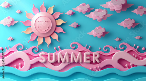 A 3D illustration of a smiling sun, pink and white clouds, and the word "SUMMER" written in bold letters over stylized blue waves on a turquoise background. © Nonna
