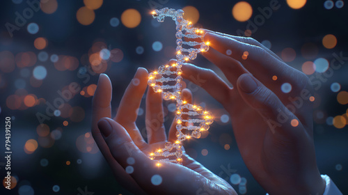  Hands gently holding a glowing double helix DNA strand with bokeh light effects in the background. © Nonna