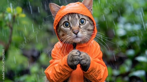 A cat wearing an orange raincoat with its hood up is looking at the camera while rain falls in the background. © Nonna