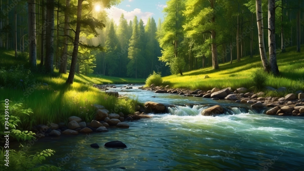 Fototapeta premium River between meadows and forests, summer