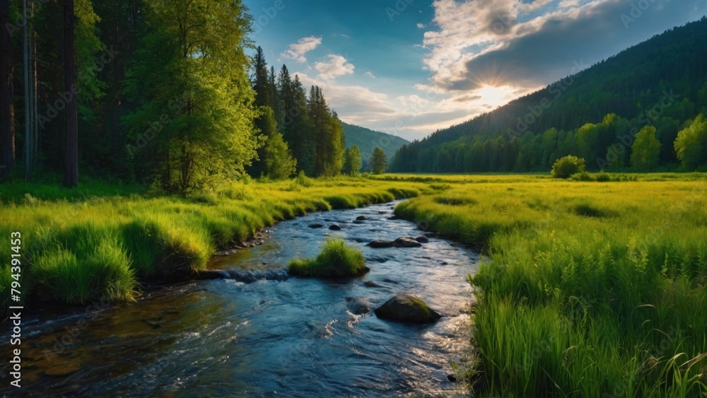 River between meadows and forests, summer River between meadows and forests, summer