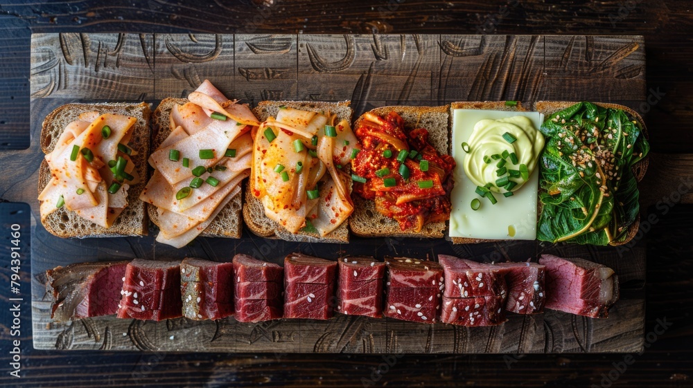 deconstructed kimchi sandwich presentation, showcasing each ingredient