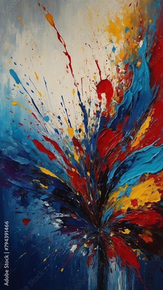Vibrant explosion of colors dominates canvas, as if bouquet of hues has burst forth in dance of freedom, expression. Background, serene blend of whites, blues.