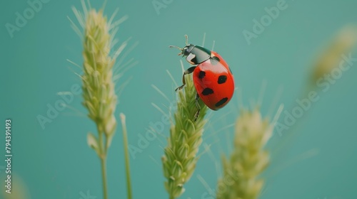 A ladybug on a stalk of wheat against a pale green background.