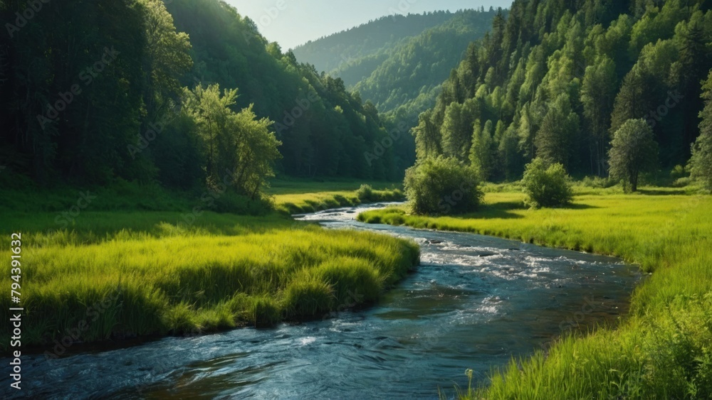 River between meadows and forests, summer River between meadows and forests, summer