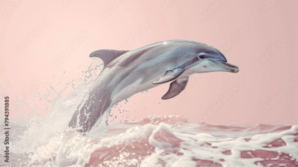 Obraz premium A pink ocean with a dolphin jumping out of the water.