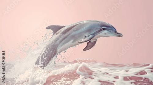 A pink ocean with a dolphin jumping out of the water.