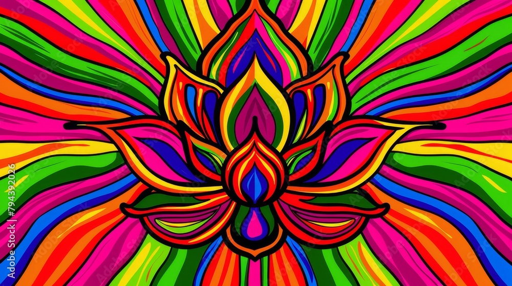   A vibrant flower at the heart of a psychedelic art painting, surrounded by multicolored lines
