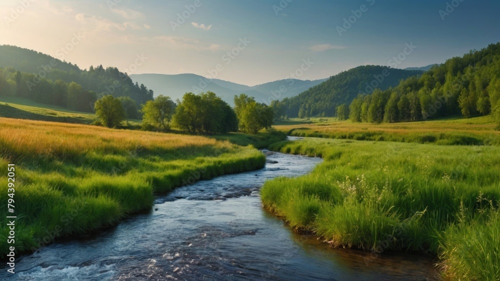 River between meadows and forests, summer River between meadows and forests, summer