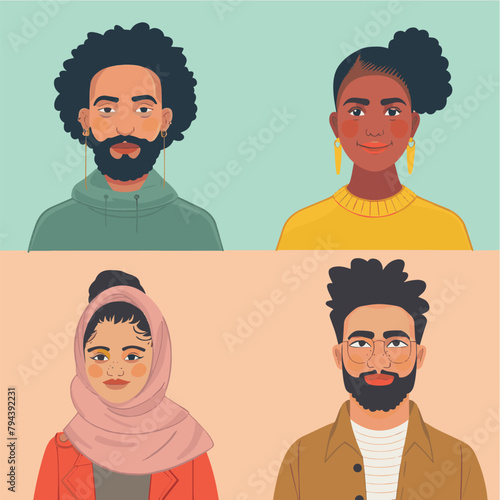 A set of modern flat vector illustration avatar multicultural diverse portraits