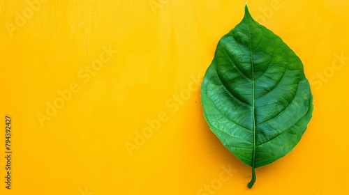 Green Leaf Against Bright Yellow Background for copy space