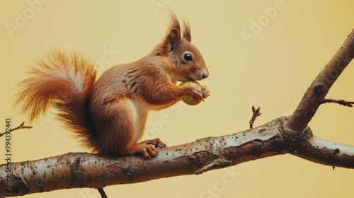 A squirrel is sitting on a branch eating an acorn. photo