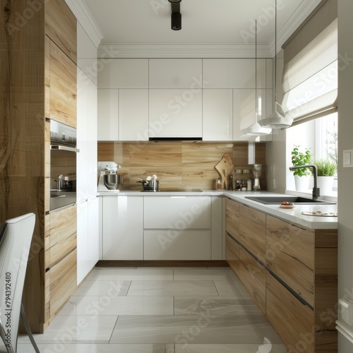 interior of a light minimalist kitchen, combination of white and natural wood fragments, modern interior design