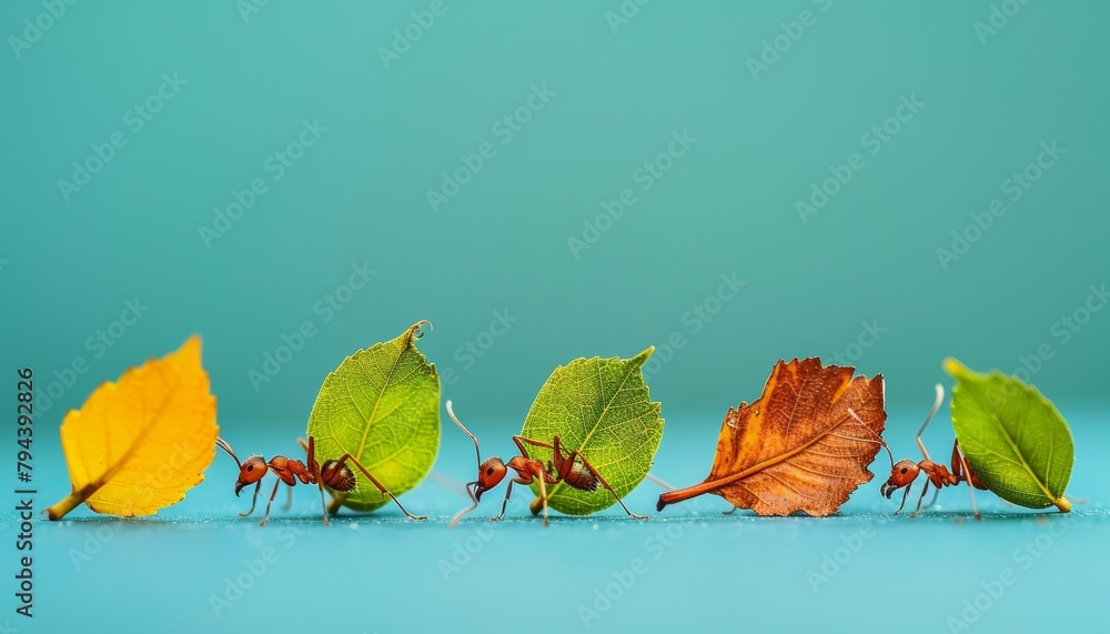 Ants carrying colorful leaves - obrazy, fototapety, plakaty 