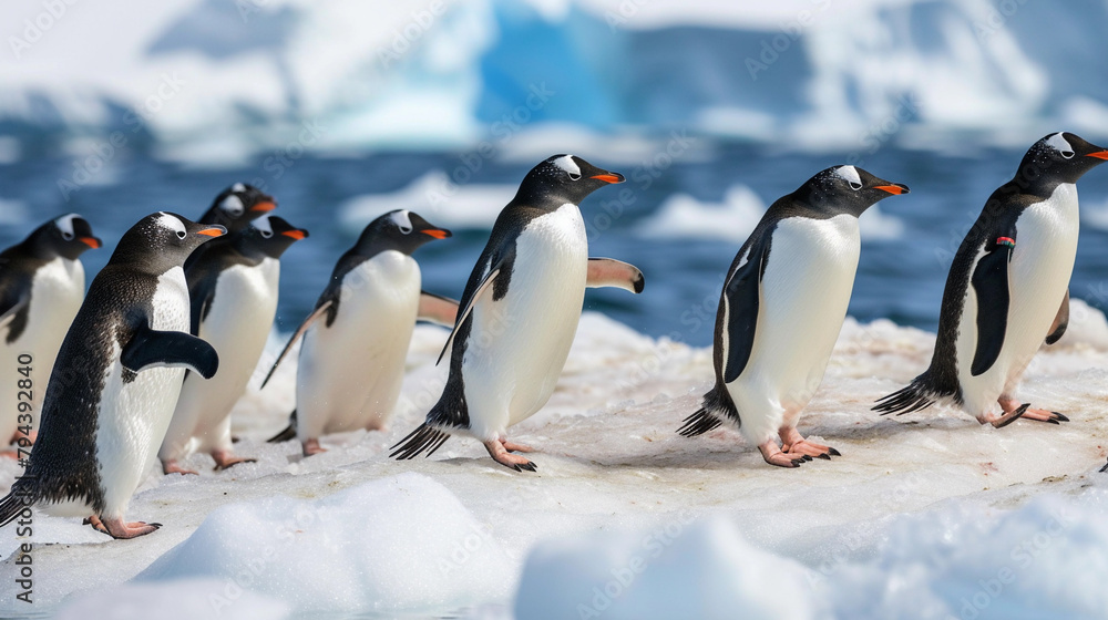 Fototapeta premium Vibrant Gathering of Penguins on Ice