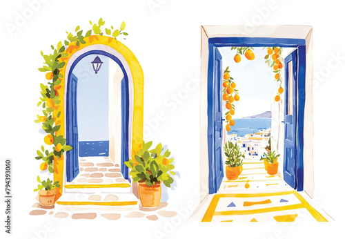Watercolor wooden door entwined with flowers. Cute image suitable for cards, invitations, weddings, fabric making cozy door with flowers on white background,