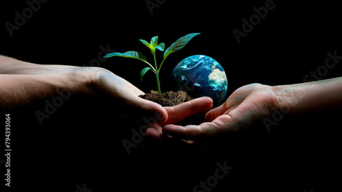 One hand cradles a seedling, another the Earth, a metaphor for conservation and responsibility