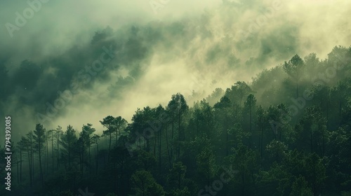 Mist slowly descending over a hill with a dense forest photo