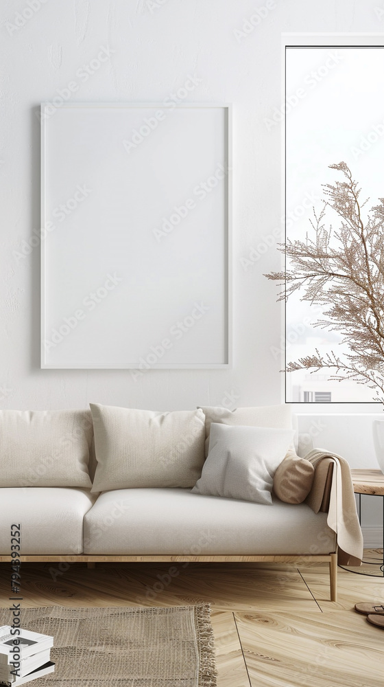 Neutral tones and pops of color harmonize in a minimalist interior, with a sleek sofa and an empty white frame providing a blank canvas for creativity. Neutral tones and pops of color harmonize in a minimalist interior, with a sleek sofa and an empty white frame providing a blank canvas for creativity.