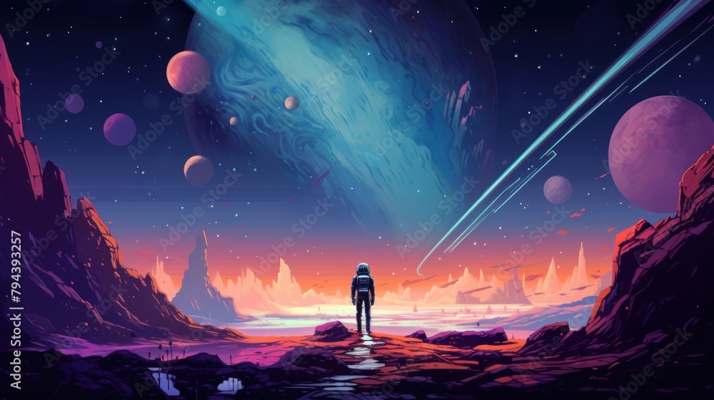 Fototapeta premium An astronaut stands on a rocky planet, looking up at a colorful, giant planet in the sky. There are multiple planets and shooting stars in the sky.