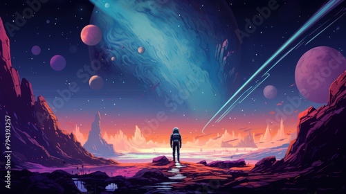 An astronaut stands on a rocky planet  looking up at a colorful  giant planet in the sky. There are multiple planets and shooting stars in the sky.