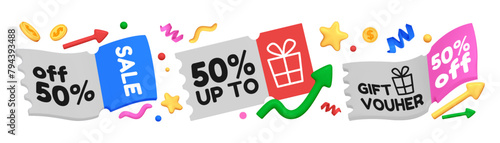 Set of 3D vector rendering elements for online sales and shopping. 3D coupon, confetti, arrow, coins.