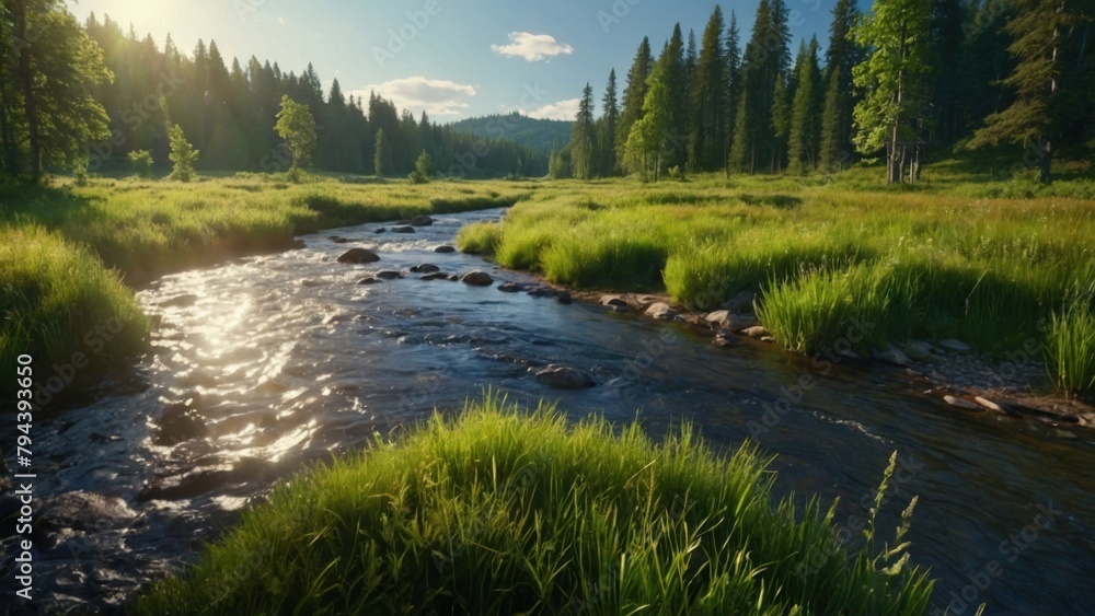 River between meadows and forests  summer