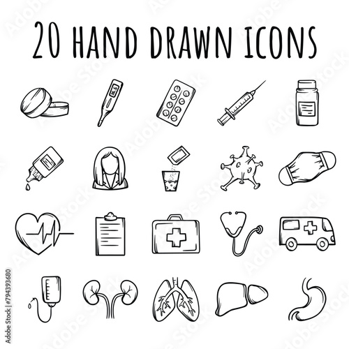 Vector editable hand drawn icon set related to medicine, healthcare, treatment, vaccination and pandemic