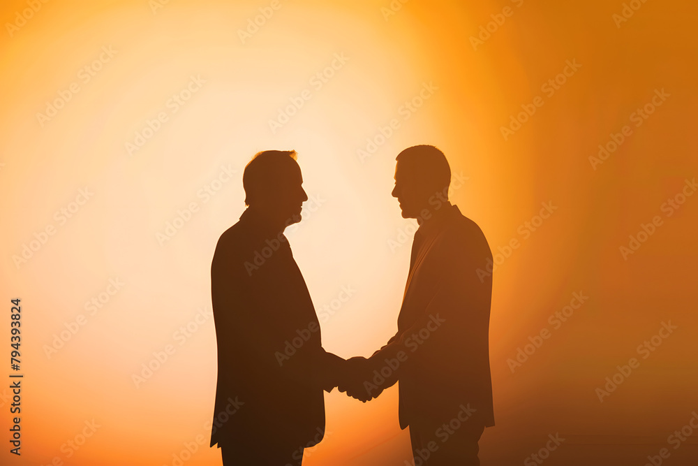 Silhouette of two people dealing a business together on light background.
