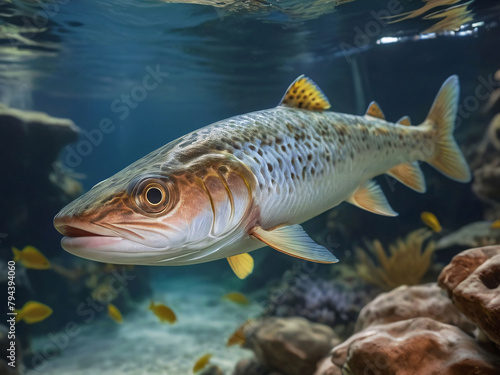 Trout Swimming Hunting For Food In Its Natural Habitat Underwater Photography Style 300 PPI High Resolution Image