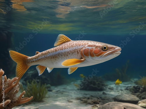 Trout Swimming Hunting For Food In Its Natural Habitat Underwater Photography Style 300 PPI High Resolution Image