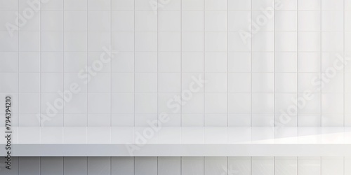 Empty white marble table top with white ceramic tile wall background,Mock up banner ads size for display or montage of product or your design ,Luxury modern theme