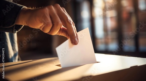 Hand placing voting ballot in ballot box on blurred polling place, concept of a person voting during elections photo
