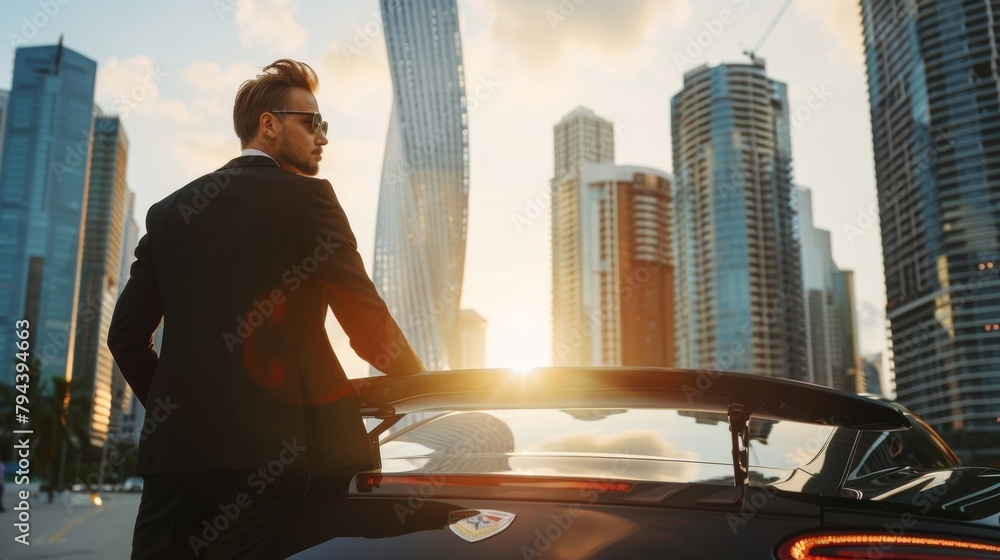 A man in a tailored suit and sunglasses leans against a sleek sports car back facing the camera. appears to be admiring the . . A man in a tailored suit and sunglasses leans against a sleek sports car back facing the camera. appears to be admiring the . .