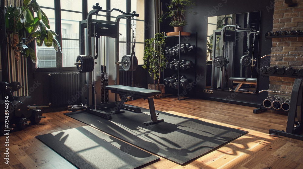 A gym with a bench and a plant in the corner