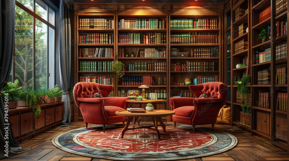 Obraz premium A cozy living room with a large bookcase filled with books