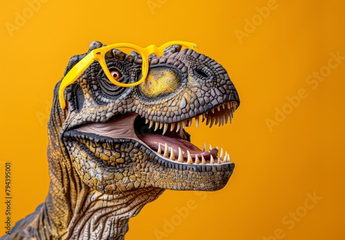 T-Rex wears yellow glasses, blending whimsy with fashion for creative projects or marketing