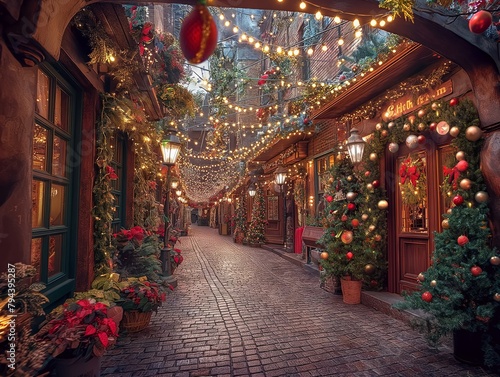 A street with Christmas decorations and a Christmas tree in the middle. The street is decorated with lights and ornaments