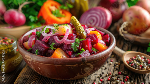 Beetroot salad (Vinegret) with beets, potatoes, carrots, pickles, and onions, Traditional Russian dish on wooden rustic background.