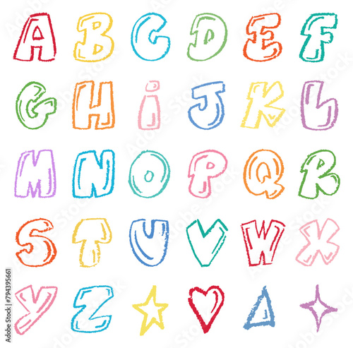 Set of alphabet letters in chalk texture shaped like balloons and bubbles in graffiti style. Hand drawn doodle effect collection for crayon brush design. Crayon texture pencil effect. vector illustrat