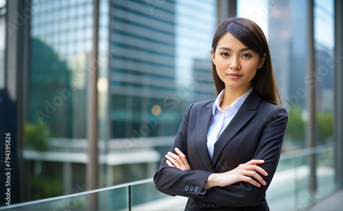 Portrait of a business woman on the skyscrapers blurred background. Ai generated